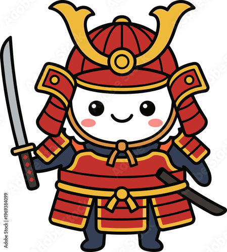 A cartoon samurai character wearing armor and holding a sword stands heroically.