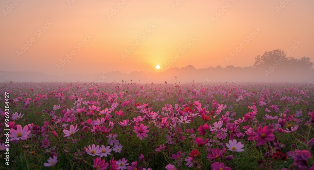 Obraz premium Sunrise mist surrounding a field of vibrant pink cosmos flowers with a warm sunset sky and copy space
