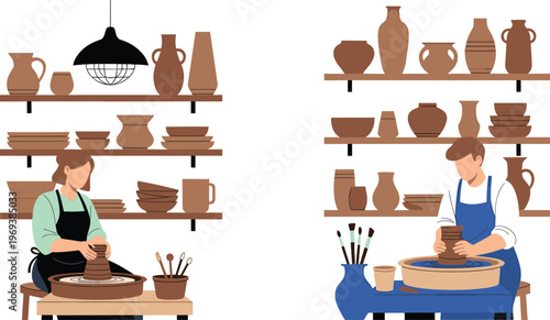 Pottery Workshop Illustration Set Featuring Ceramic Artists Shaping Clay on Wheel with Handmade Vases, Bowls, and Craft Studio Interior in Flat Style