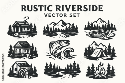 Rustic riverside nature logo set with cabins and outdoors, suitable for outdoor adventure companies, campgrounds, nature resorts, and travel agencies.
