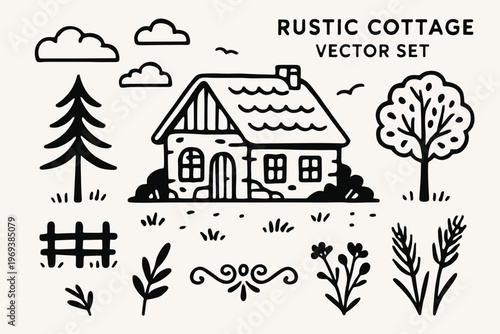 Set rustic cottage and nature elements logo ideal for branding. Perfect for outdoor, nature, real estate, and vacation rental businesses.
