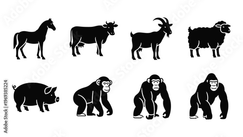 A collection of farm and wild animals depicted in stark black forms against a white background silhouette high quality professional detailed
