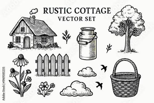 Set of rustic cottage elements perfect for logo designs, featuring house, flowers, basket. Suitable for branding, small business logos, home decor.