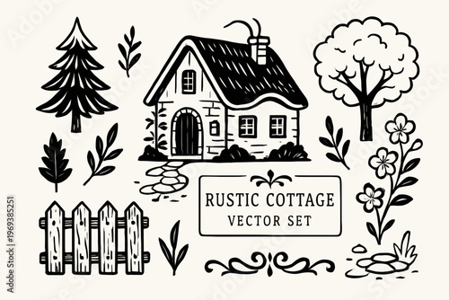 Set with rustic cottage, trees, fence, and flower design elements. Suitable for ecofriendly businesses or outdoorthemed brands.