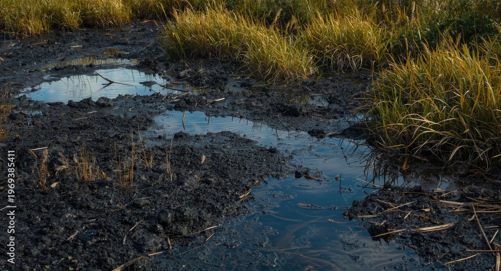 Obraz premium Wetland environment featuring dark tar deposits and sparse grassy vegetation