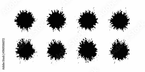Abstract arrangement of eight black ink blots on a white background
