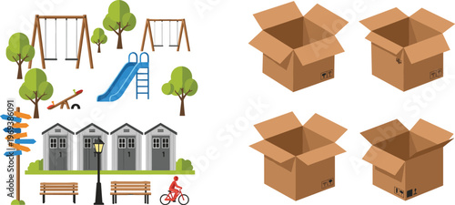 Outdoor Park Elements and Cardboard Box Collection Illustration Featuring Playground Equipment, Benches, Houses, Trees, and Open Packaging Boxes in Flat Style