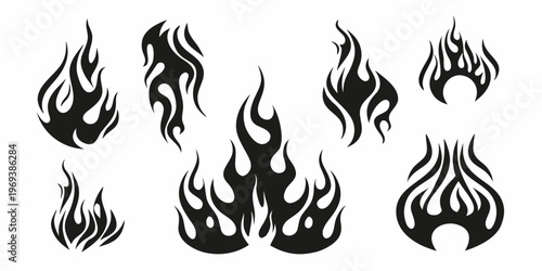 Collection of black stylized flame designs on a white background