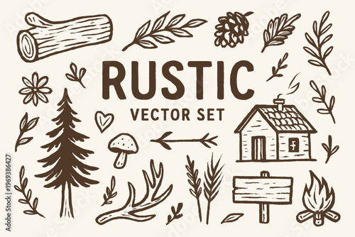 Set of vector rustic handdrawn nature illustrations for versatile logo designs. Suitable for branding, packaging, and outdoorrelated projects.