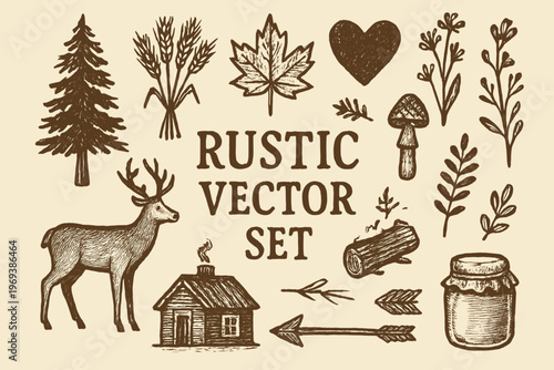 Set with rustic deer, pine, wheat, cabin, heart. Versatile for outdoor, nature, hunting, lodge, wedding, or dcor branding.