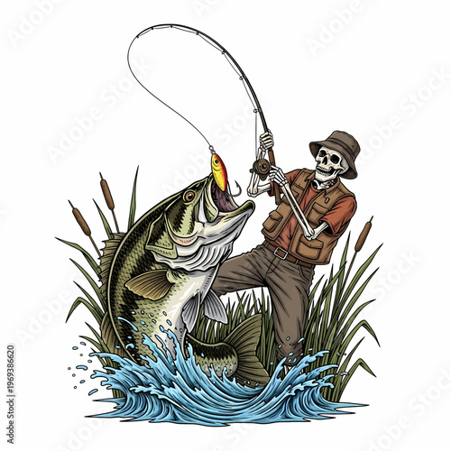 Skeleton fisherman catching largemouth bass with lure in water vintage woodcut style illustration