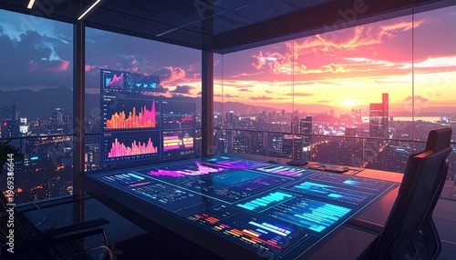 Futuristic Control Room with Data Visualization and Cityscape View.