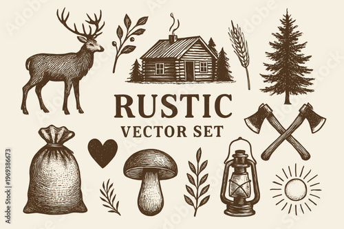 Set featuring rustic deer, cabin, and forest items. Ideal for branding outdoor and wildernessthemed businesses and products.