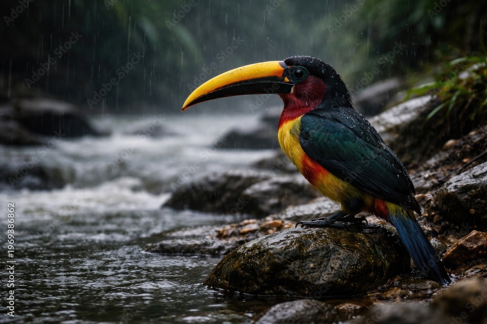 Fototapeta premium Colorful Bird Perched on Rocks by a Rainy Riverbank