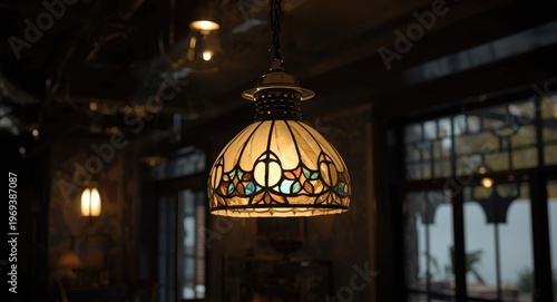 Vintage inspired stained glass hanging light creating warm inviting atmosphere in sleek interior with artistic glasswork