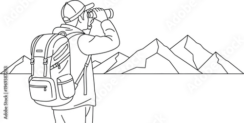 Person with backpack taking photo of mountains with binoculars in hand
