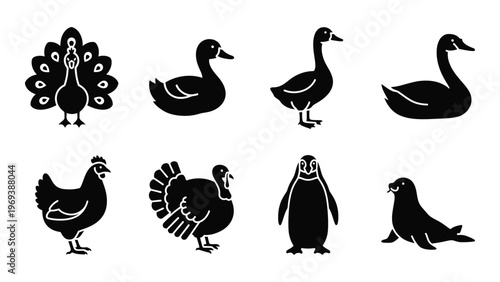 A collection of various bird and animal silhouettes including a peacock ducks chicken and penguin silhouette high quality professional detailed modern