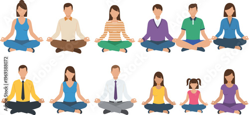 People Practicing Meditation Yoga Poses Illustration Set Featuring Diverse Men, Women, and Kids Sitting in Lotus Position for Relaxation and Mindfulness Concept