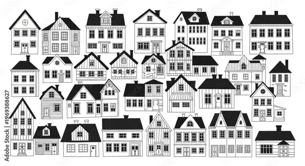 Fototapeta premium Collection of Diverse Architectural Styles of Houses and Buildings.