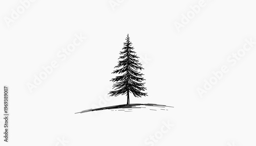 Minimalist vector line art of a lone pine tree, black and white sketch style, sharp clean strokes