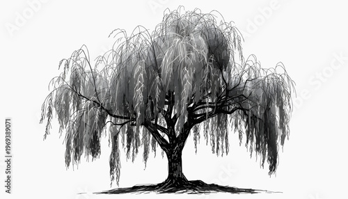Black and white vector illustration of a willow tree with long hanging branches, expressive sketch lines