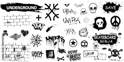 Collection of black and white graffiti style doodles and urban symbols