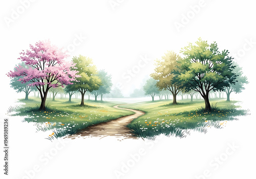 Serene landscape with blooming cherry blossoms and lush greenery along a winding path