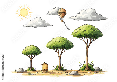 A whimsical scene of a hot air balloon floating over a serene forest landscape