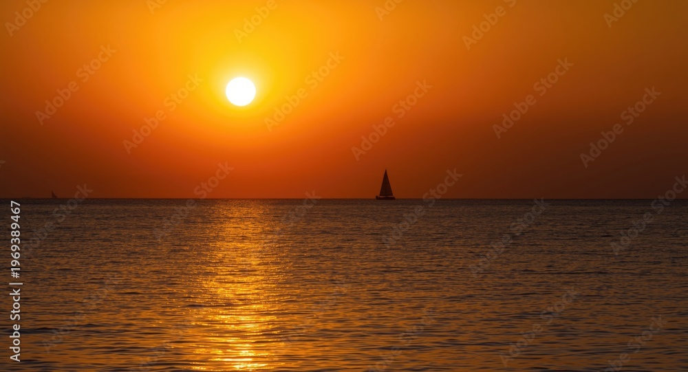 Fototapeta premium Golden sunset reflecting over calm ocean waters with distant sailboat silhouette