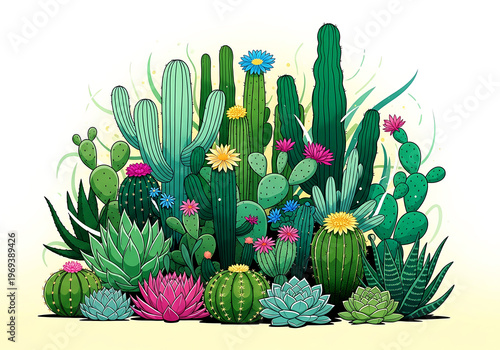 Vibrant desert garden showcasing a variety of colorful cacti and succulents in full bloom