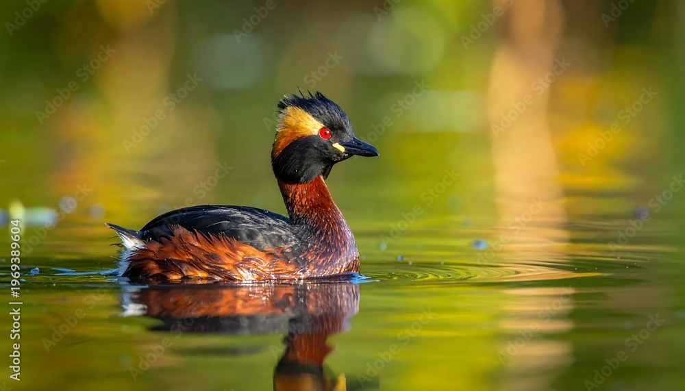 Obraz premium A serene bird floats on calm water with a blurry background