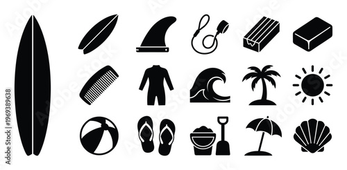 This collection of black silhouette surfing and beach icons includes a surfboard, fin, leash, wax, comb, wetsuit, wave, palm tree, sun, beach ball, flip-flops, sand bucket, shovel, umbrella,