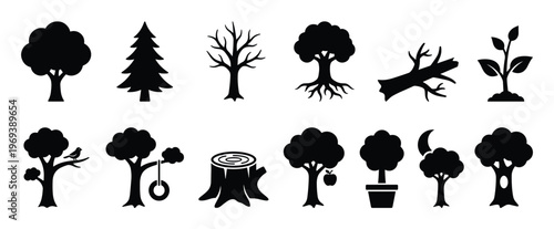 Collection of various black tree silhouettes and related nature icons, including a sapling, stump, and potted plant, presented as a graphic design element