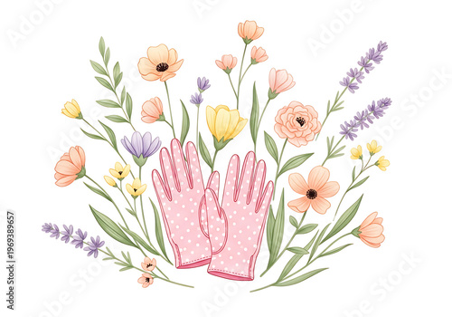 Garden gloves surrounded by delicate flowers and greenery