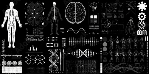 Anatomical visualizations and data displays on a dark futuristic background