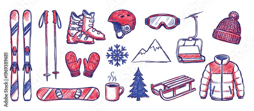 Collection of hand-drawn red and blue winter sports equipment and accessories, including skis, snowboard, and warm clothing