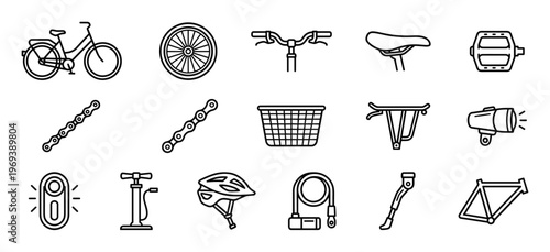 Collection of bicycle parts and accessories icons in a clean, simple outline style, neatly arranged