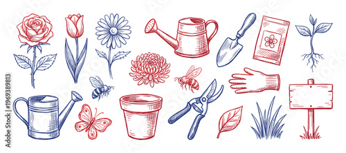Hand-drawn red and blue gardening tools, flowers, and insects in a vintage sketch style, with clear outlines
