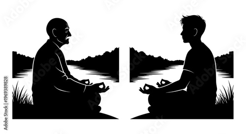 Generational wisdom shared through meditative connection by a serene lake Vector, illustration