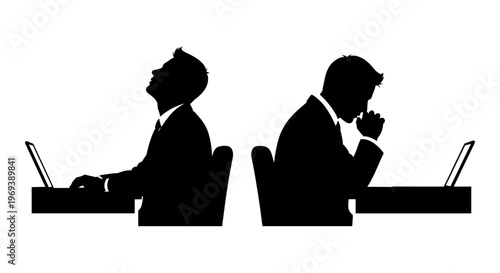 Two professionals engaged in contrasting laptop activities during a meeting or work session Vector, illustration