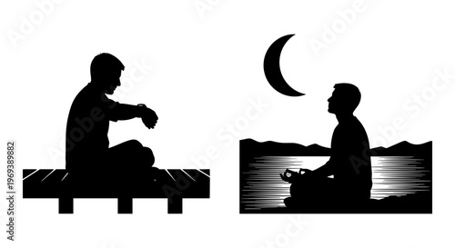 Two contrasting silhouettes of individuals in contemplative and conversational poses under the moon Vector, illustration