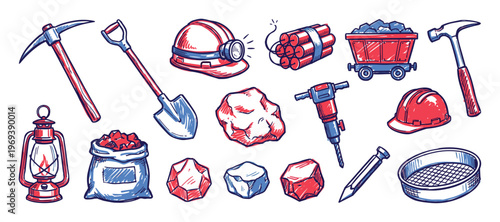 Collection of mining tools and minerals, including a pickaxe, shovel, hard hat, dynamite, and ore cart, in a hand-drawn style
