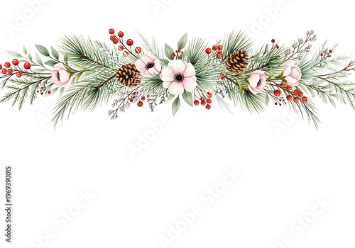 Elegant floral and pine garland with seasonal decorations and berries