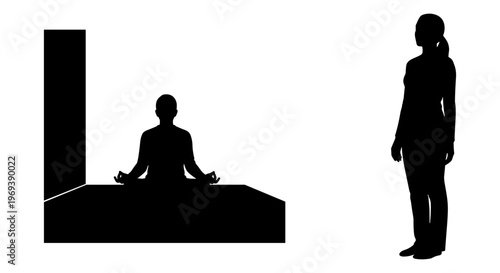 Silhouette of a person meditating next to a standing figure in modern attire. Vector, illustration