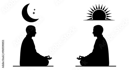 Contrast of meditation under moonlight and sunlight for inner peace and enlightenment Vector, illustration