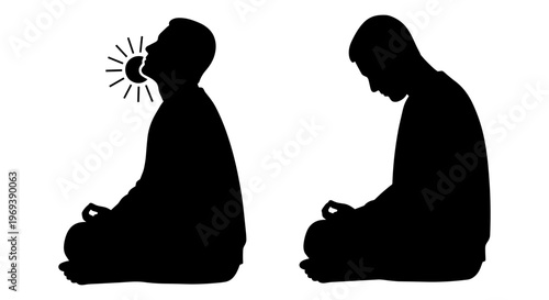 Two figures in contrasting states of meditation and contemplation under celestial light Vector, illustration