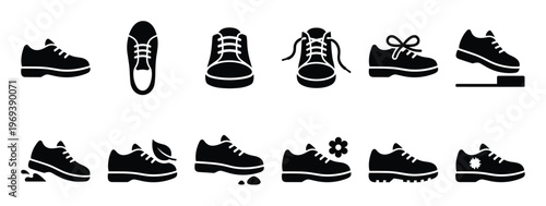 Collection of black silhouette sneakers and running shoes in various poses and with different details, presented as icons