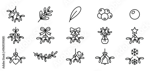 Collection of various simple black outline mistletoe designs with berries, leaves, bows, and festive elements