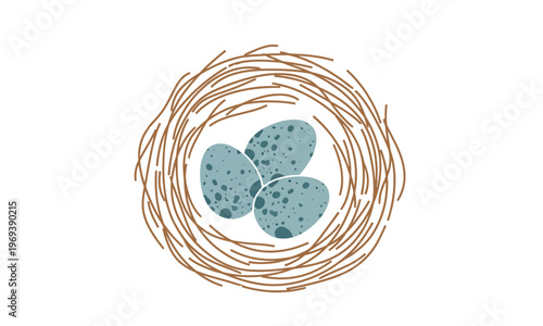 A close-up, top-down view of a bird's nest filled with three speckled blue eggs, symbolizing new beginnings and nature's bounty