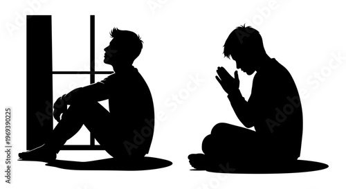 Two individuals in contemplative solitude by a window and on the floor Vector, illustration